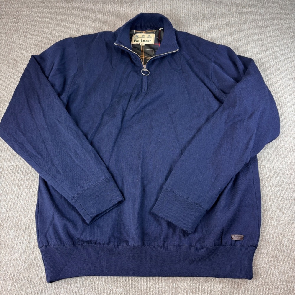 Barbour Mens XXL Navy Blue 100% Wool Quarter Zip Tartan Lined Pullover Sweater